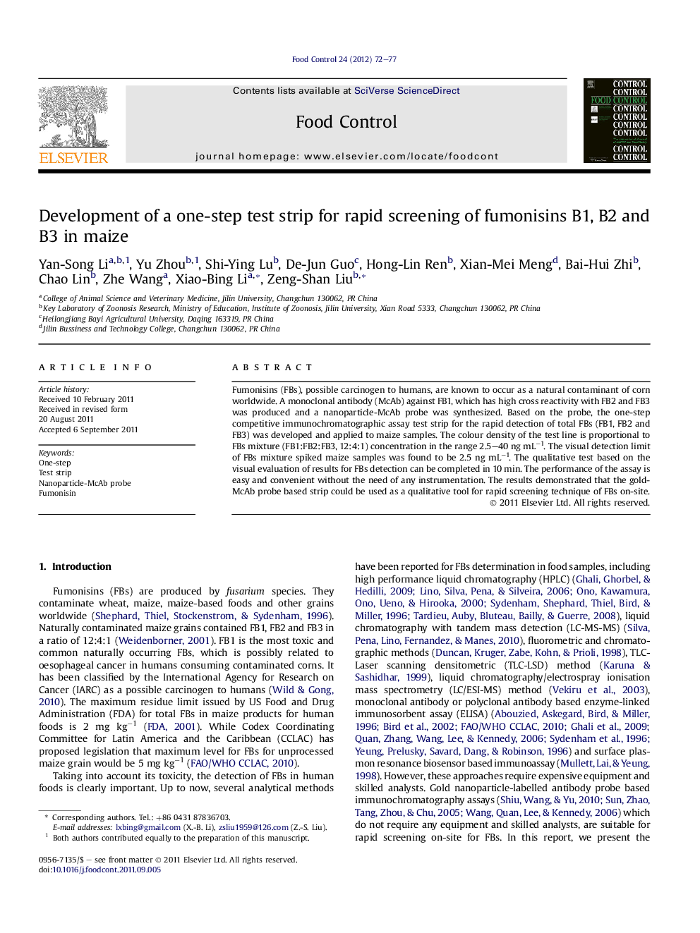 Development of a one-step test strip for rapid screening of fumonisins B1, B2 and B3 in maize