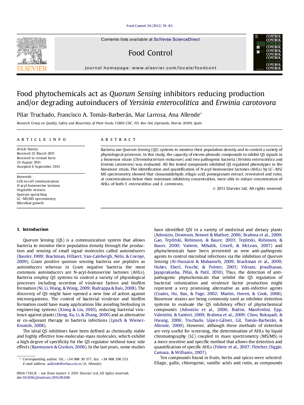 Food phytochemicals act as Quorum Sensing inhibitors reducing production and/or degrading autoinducers of Yersinia enterocolitica and Erwinia carotovora