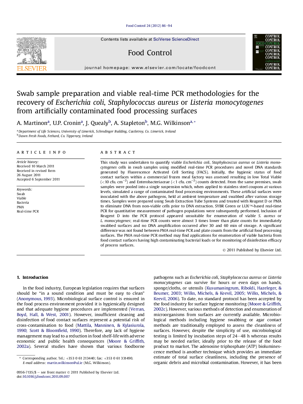 Swab sample preparation and viable real-time PCR methodologies for the recovery of Escherichia coli, Staphylococcus aureus or Listeria monocytogenes from artificially contaminated food processing surfaces