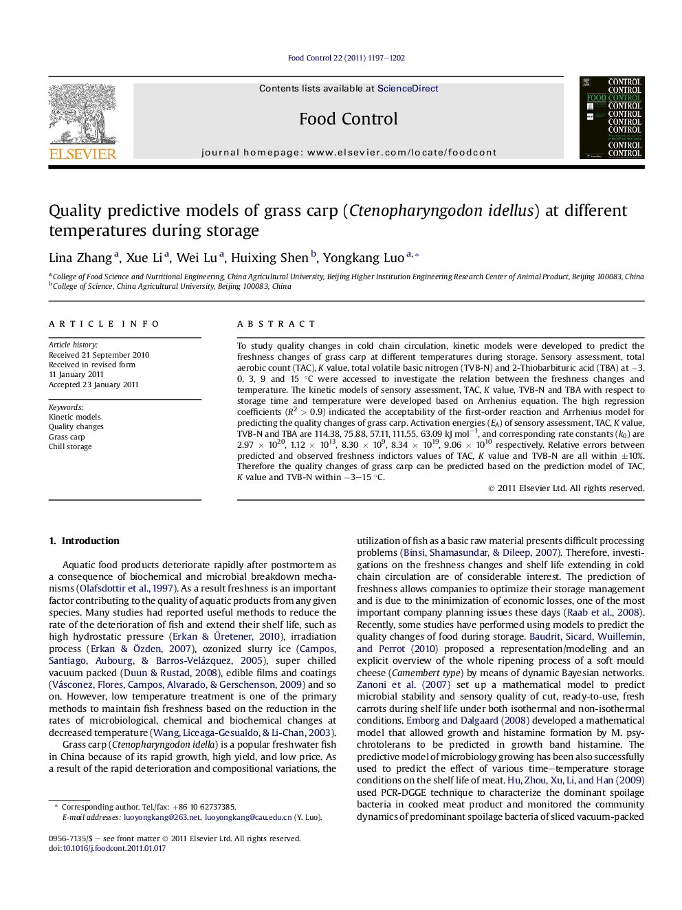 عکس صفحه اول مقاله: Quality predictive models of grass carp (Ctenopharyngodon idellus) at different temperatures during storage Quality predictive models of grass carp (Ctenopharyngodon idellus) at different temperatures during storage
