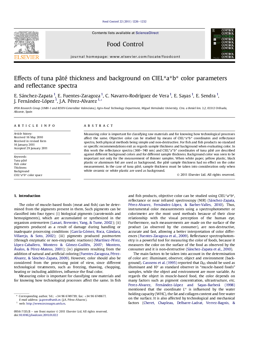 Effects of tuna pÃ¢té thickness and background on CIELâaâbâ color parameters and reflectance spectra