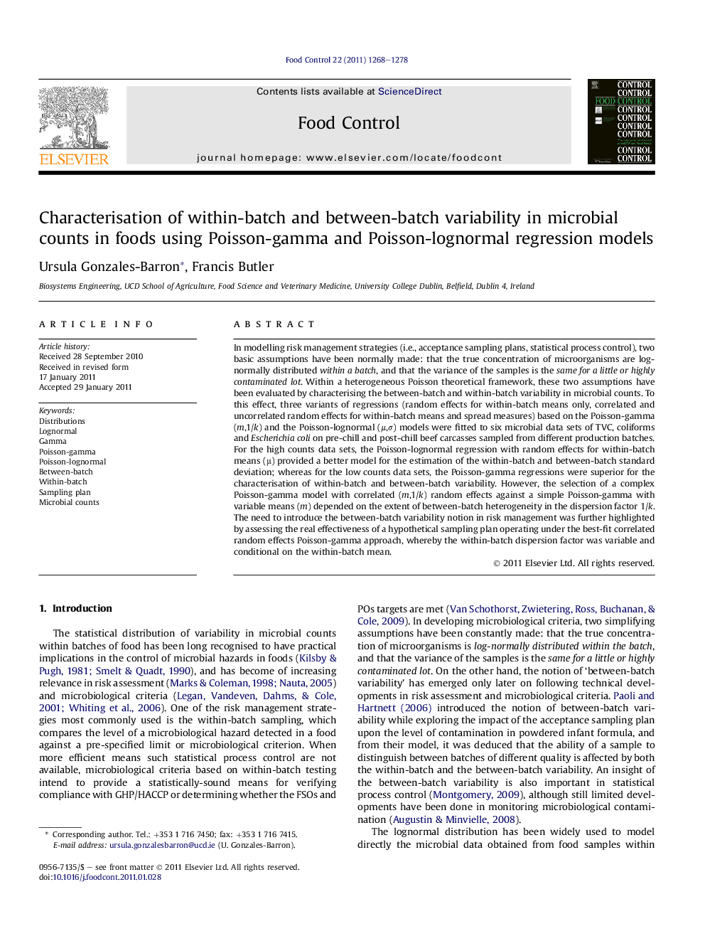 Characterisation of within-batch and between-batch variability in microbial counts in foods using Poisson-gamma and Poisson-lognormal regression models