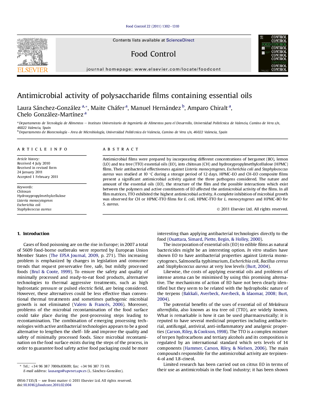 Antimicrobial activity of polysaccharide films containing essential oils