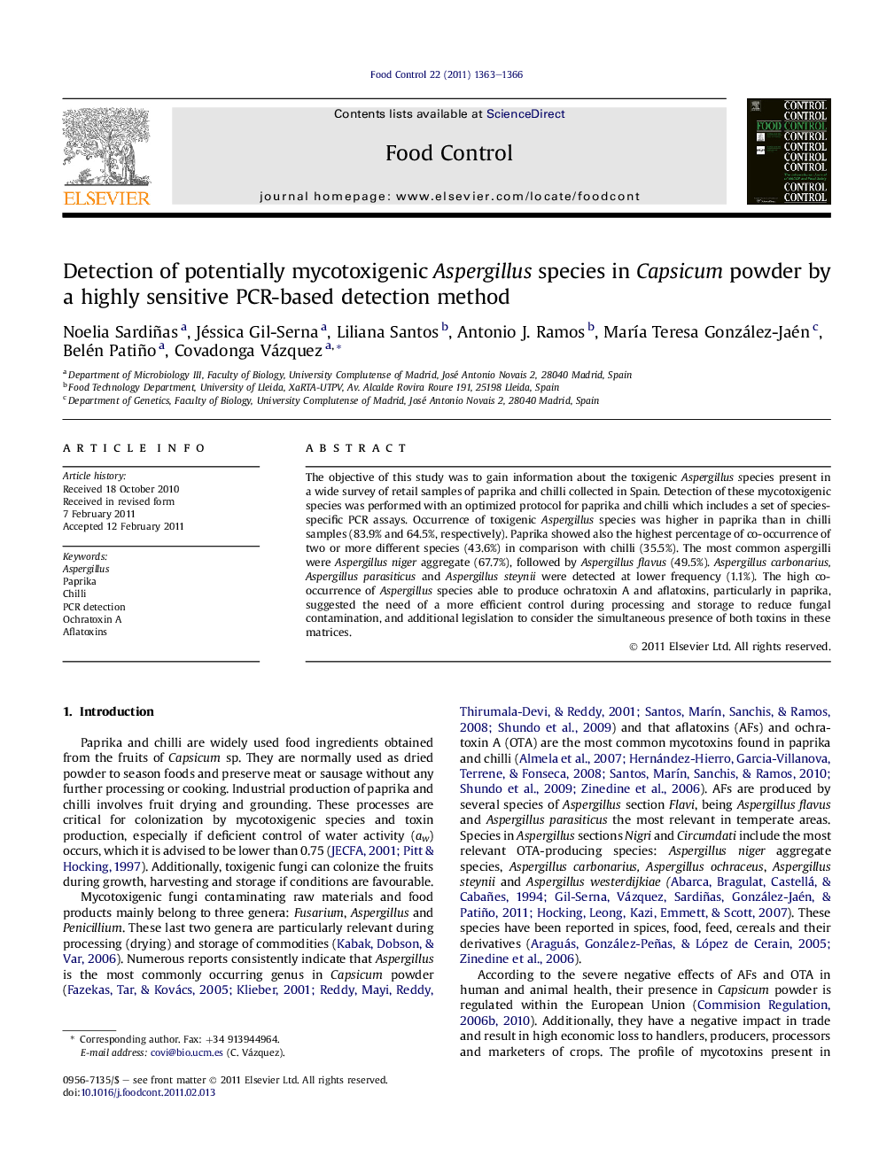 Detection of potentially mycotoxigenic Aspergillus species in Capsicum powder by a highly sensitive PCR-based detection method