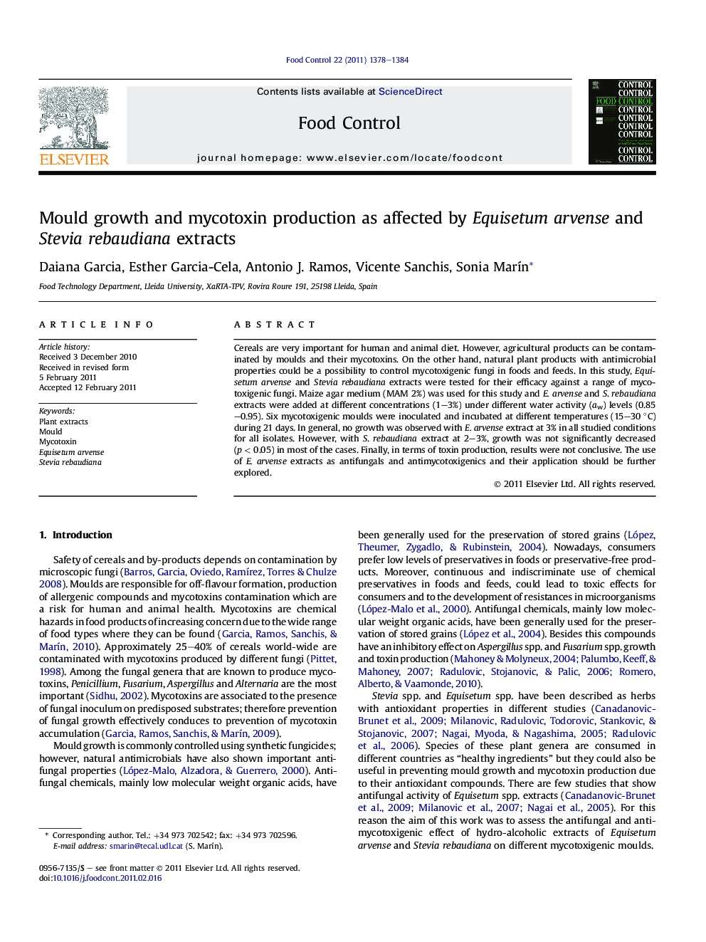 Mould growth and mycotoxin production as affected by Equisetum arvense and Stevia rebaudiana extracts