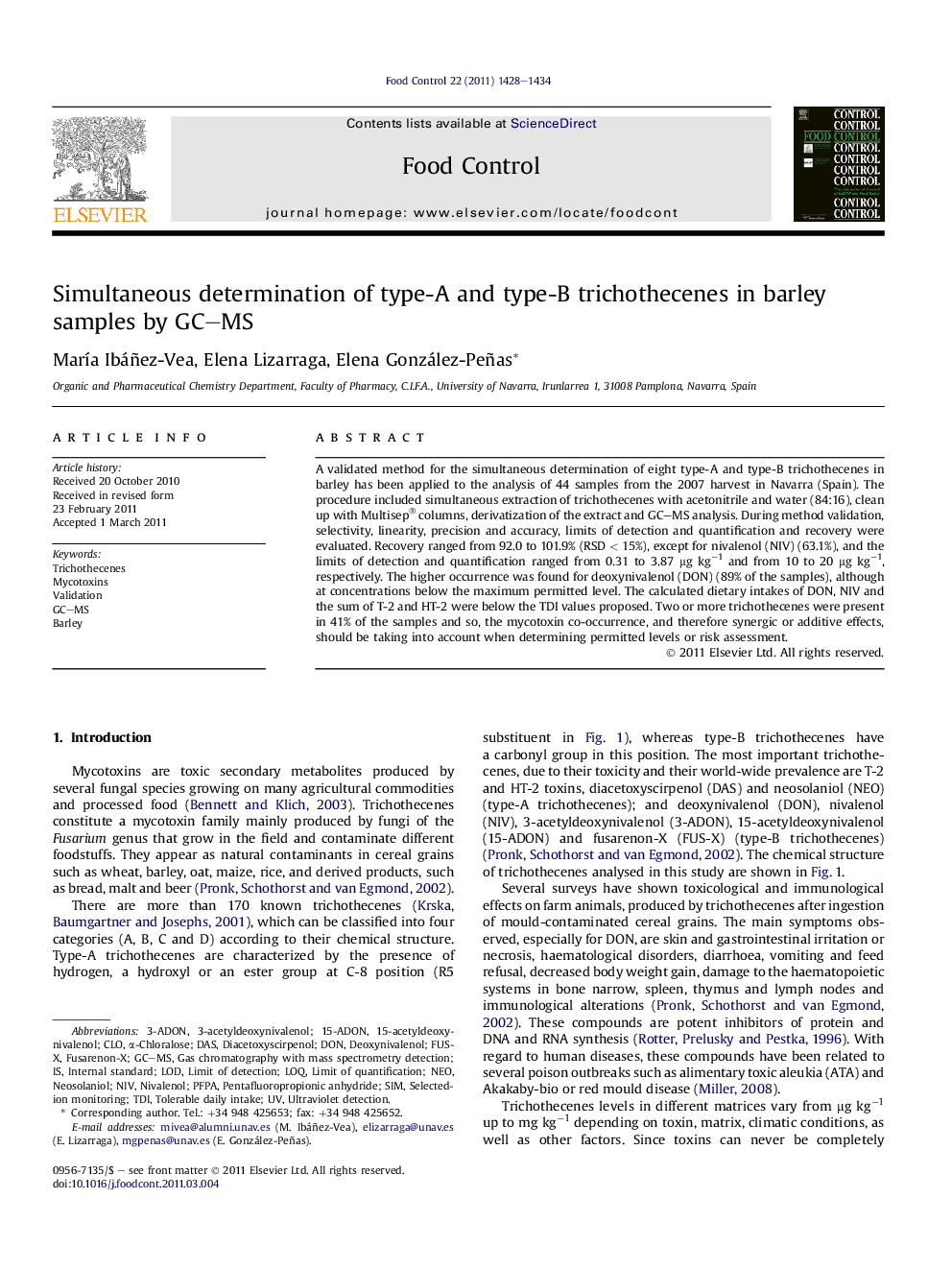 Simultaneous determination of type-A and type-B trichothecenes in barley samples by GC-MS