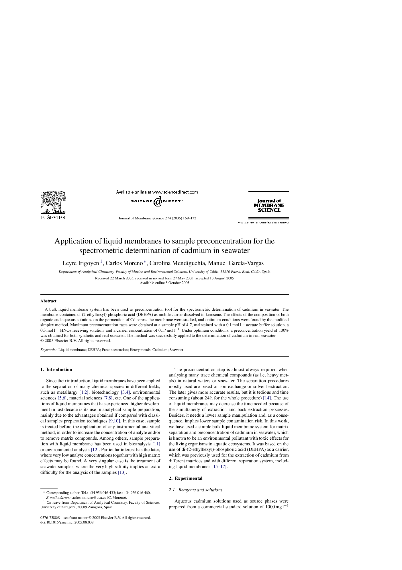 Application of liquid membranes to sample preconcentration for the spectrometric determination of cadmium in seawater