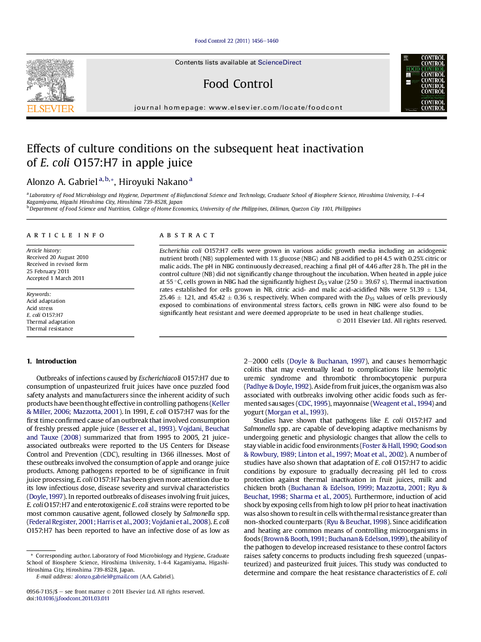 Effects of culture conditions on the subsequent heat inactivation of E.Â coli O157:H7 in apple juice