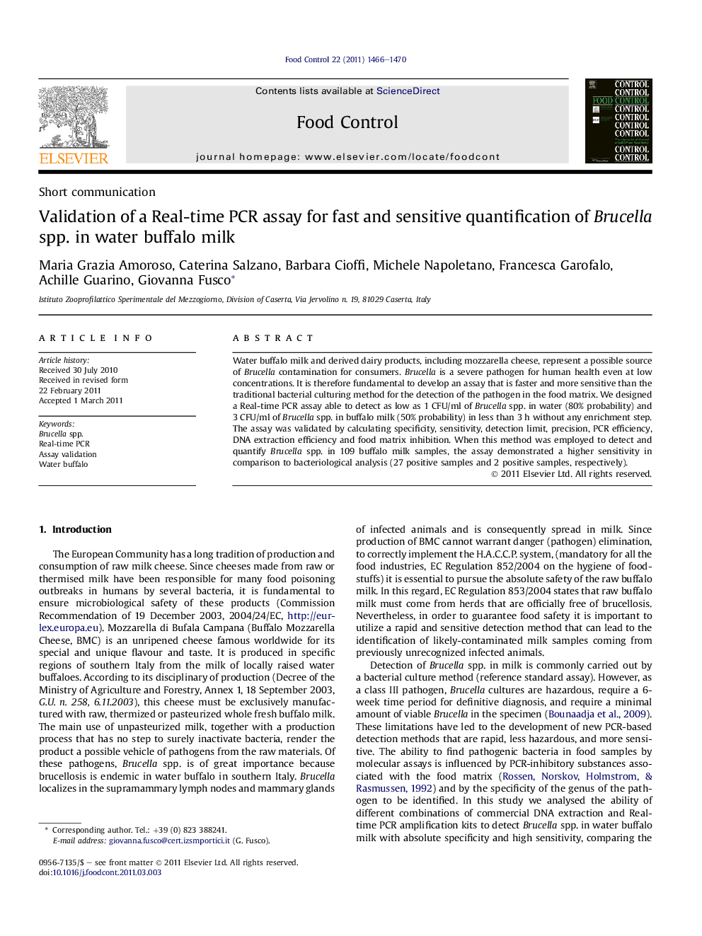 Short communicationValidation of a Real-time PCR assay for fast and sensitive quantification of Brucella spp. in water buffalo milk