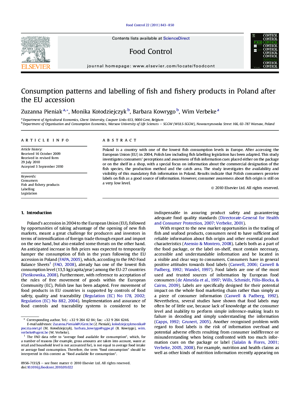 Consumption patterns and labelling of fish and fishery products in Poland after the EU accession