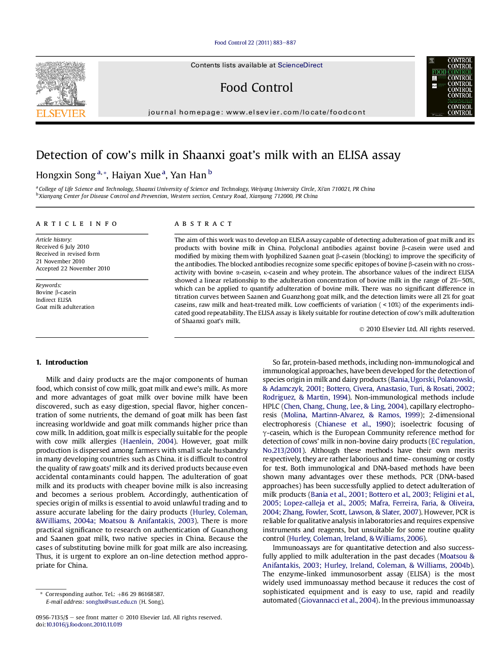 Detection of cow's milk in Shaanxi goat's milk with an ELISA assay