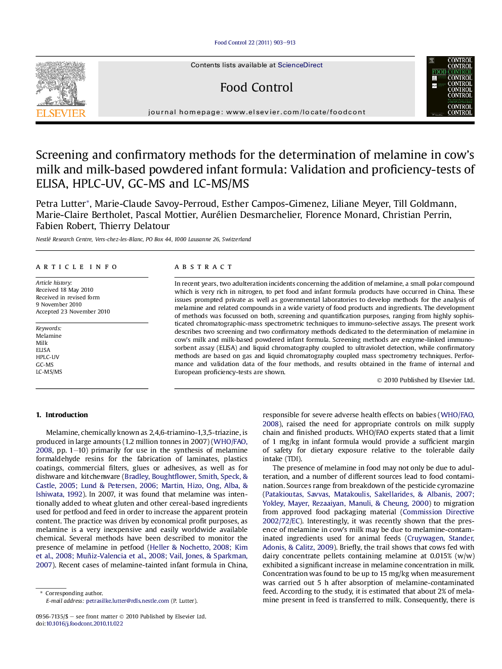 Screening and confirmatory methods for the determination of melamine in cow's milk and milk-based powdered infant formula: Validation and proficiency-tests of ELISA, HPLC-UV, GC-MS and LC-MS/MS