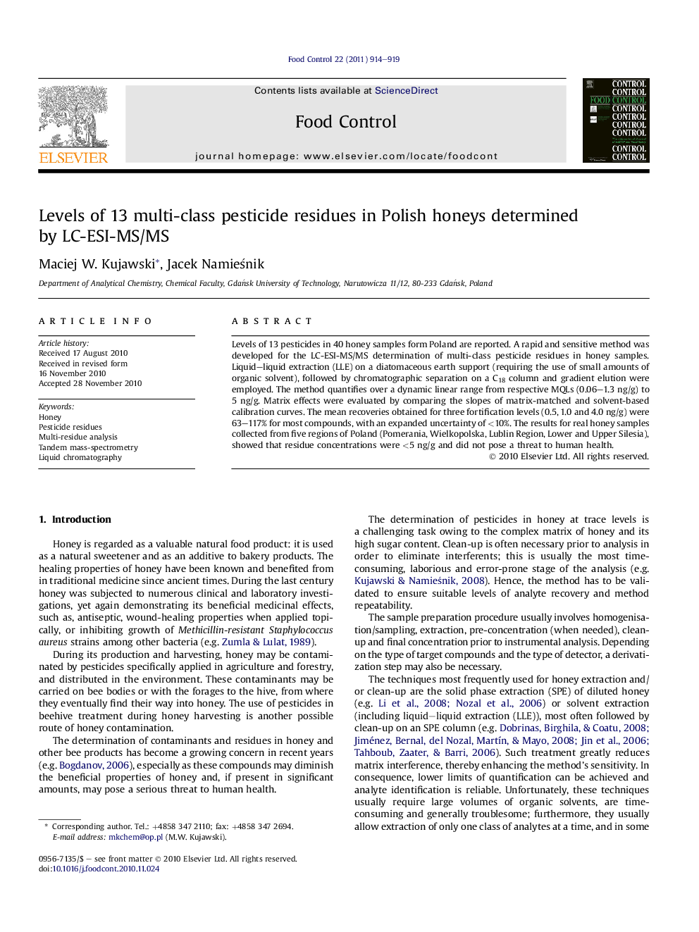 Levels of 13 multi-class pesticide residues in Polish honeys determined by LC-ESI-MS/MS