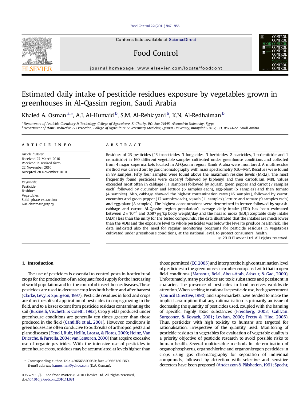 Estimated daily intake of pesticide residues exposure by vegetables grown in greenhouses in Al-Qassim region, Saudi Arabia