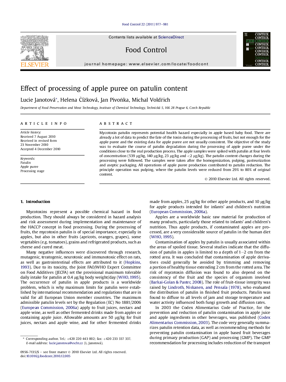 Effect of processing of apple puree on patulin content