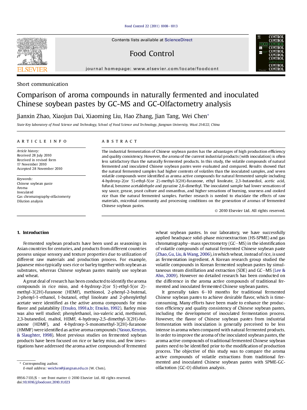 Comparison of aroma compounds in naturally fermented and inoculated Chinese soybean pastes by GC-MS and GC-Olfactometry analysis