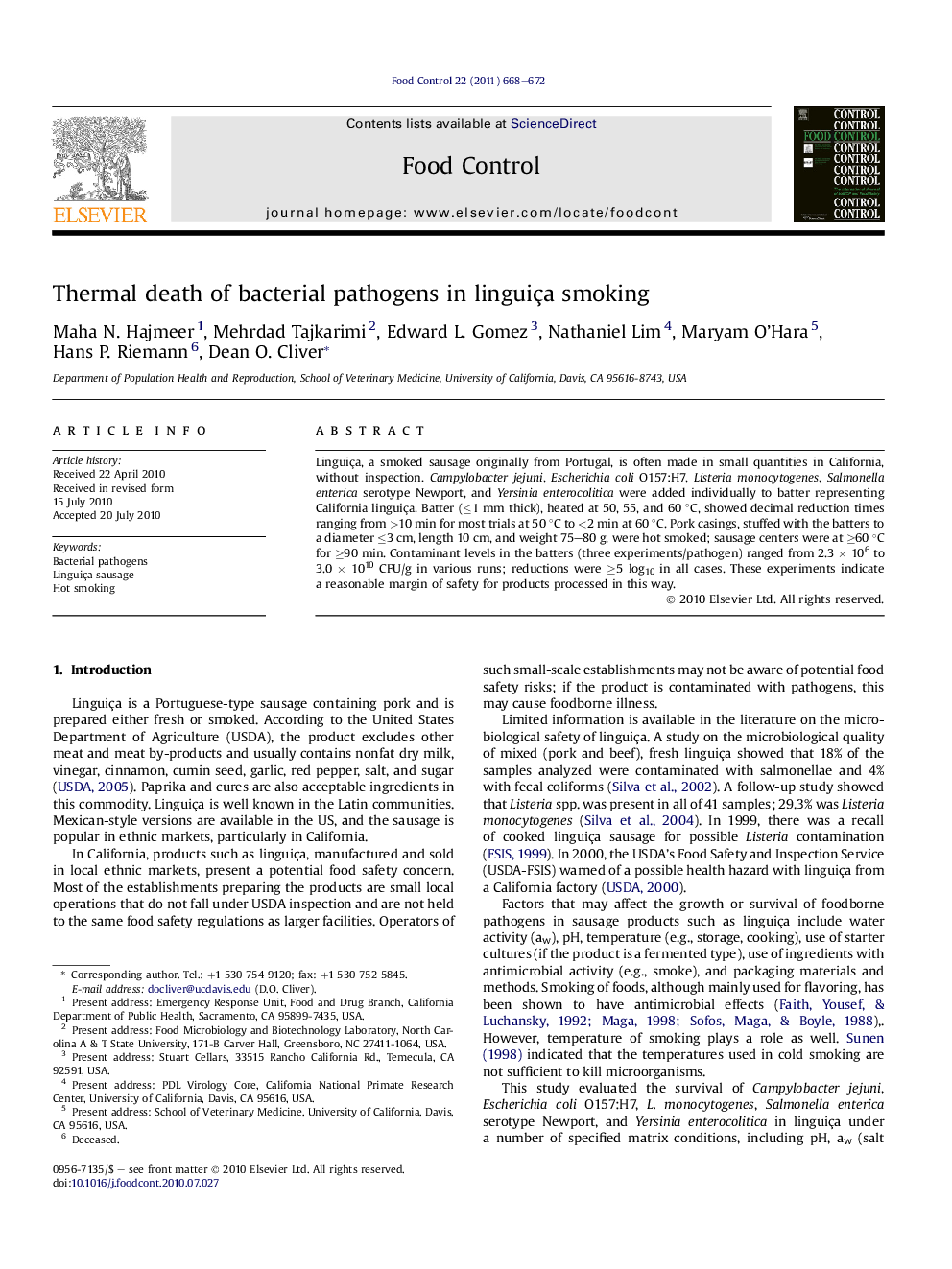 Thermal death of bacterial pathogens in linguiça smoking