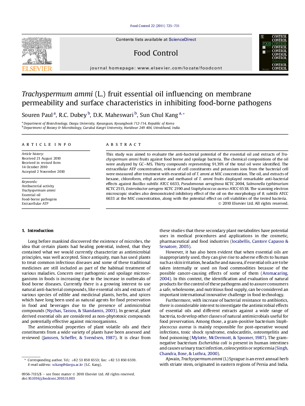 Trachyspermum ammi (L.) fruit essential oil influencing on membrane permeability and surface characteristics in inhibiting food-borne pathogens