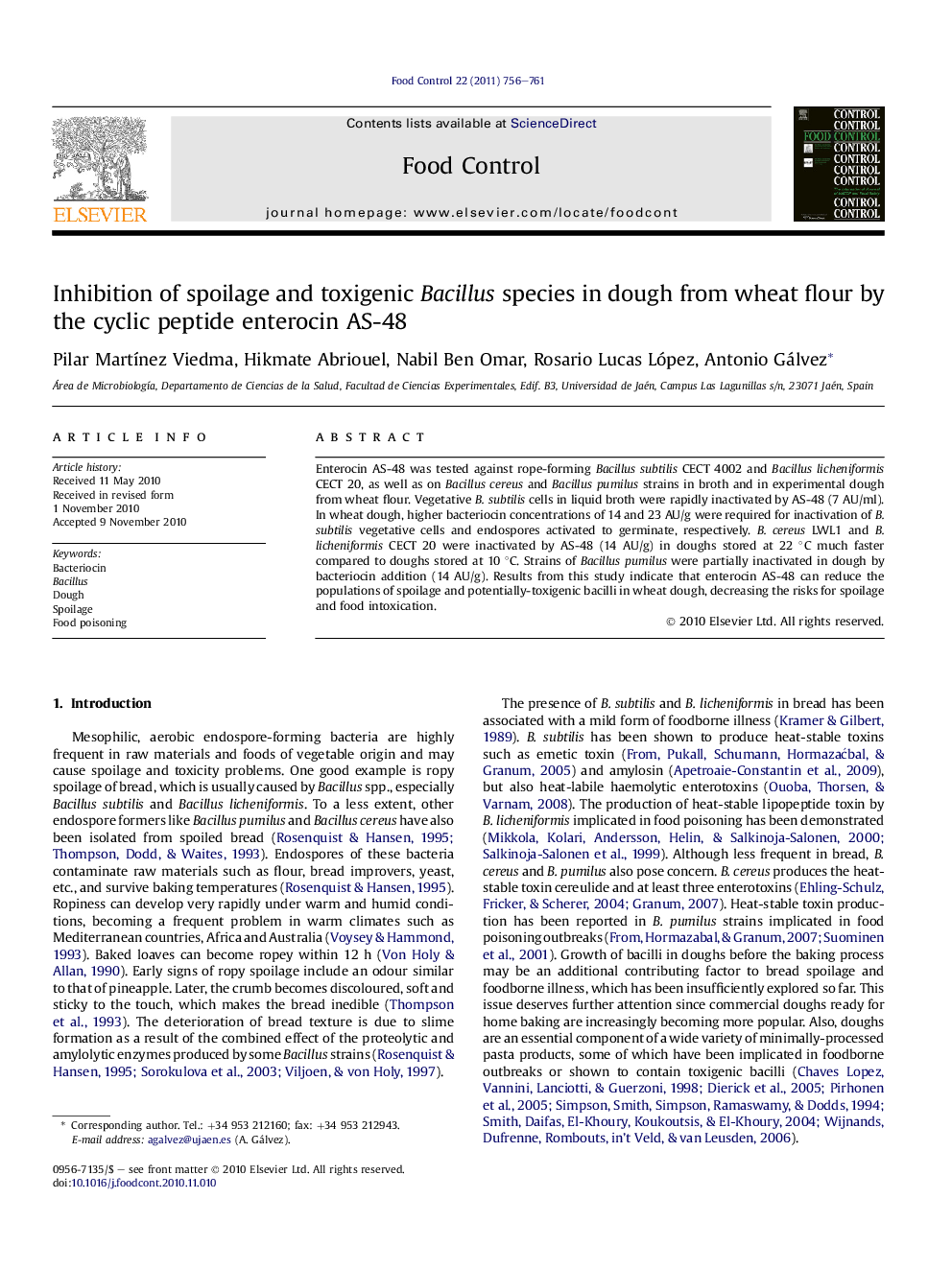 Inhibition of spoilage and toxigenic Bacillus species in dough from wheat flour by the cyclic peptide enterocin AS-48