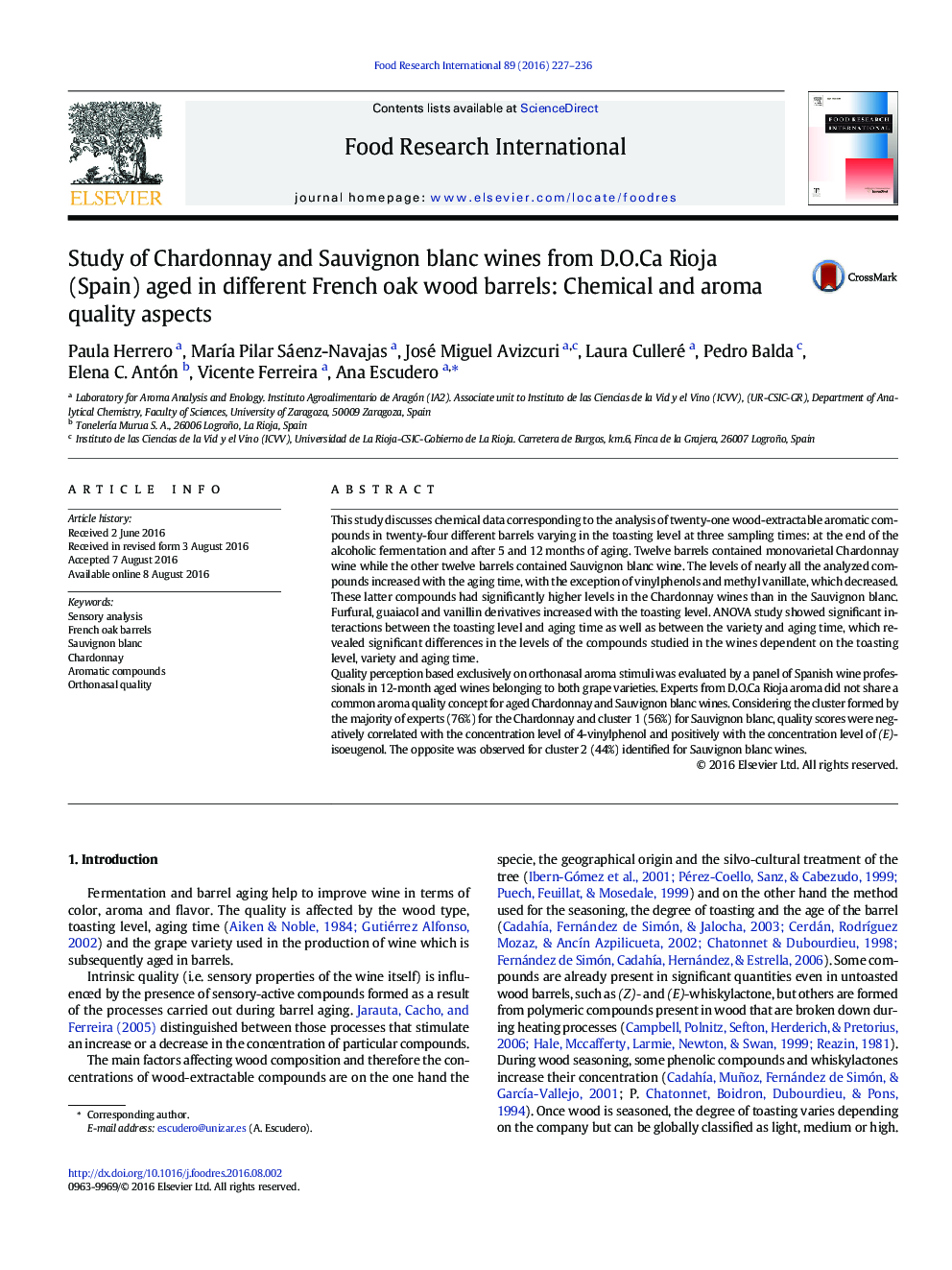 Study of Chardonnay and Sauvignon blanc wines from D.O.Ca Rioja (Spain) aged in different French oak wood barrels: Chemical and aroma quality aspects