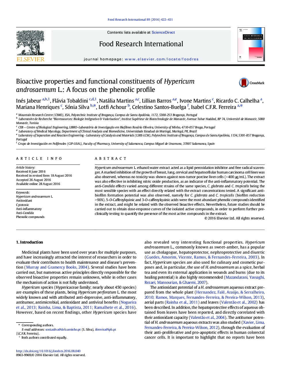 Bioactive properties and functional constituents of Hypericum androsaemum L.: A focus on the phenolic profile