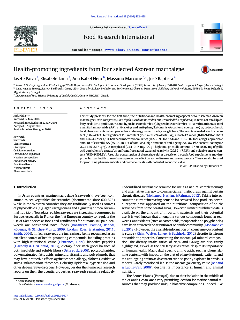 Health-promoting ingredients from four selected Azorean macroalgae