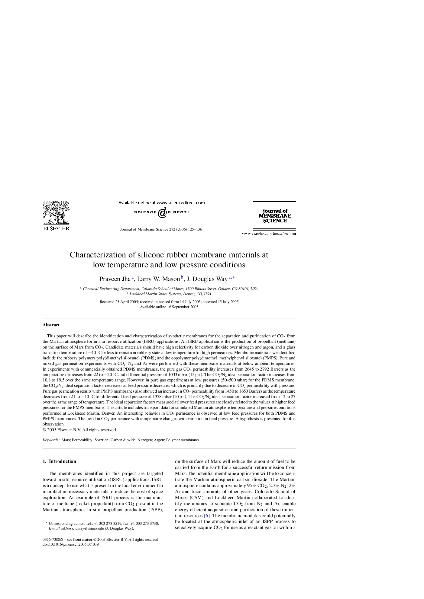 Characterization of silicone rubber membrane materials at low temperature and low pressure conditions