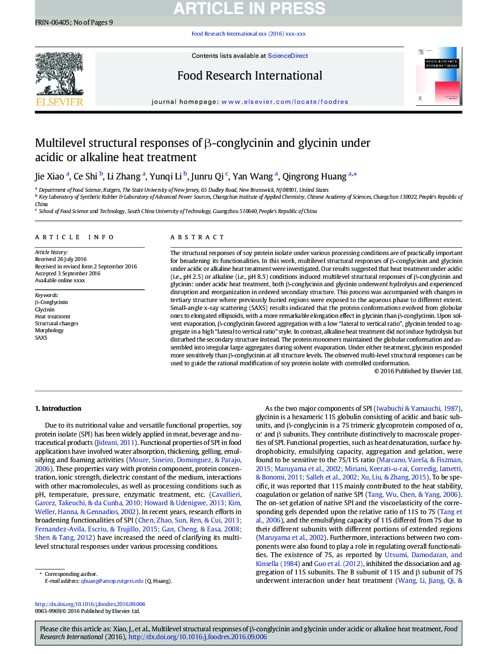 Multilevel structural responses of Î²-conglycinin and glycinin under acidic or alkaline heat treatment