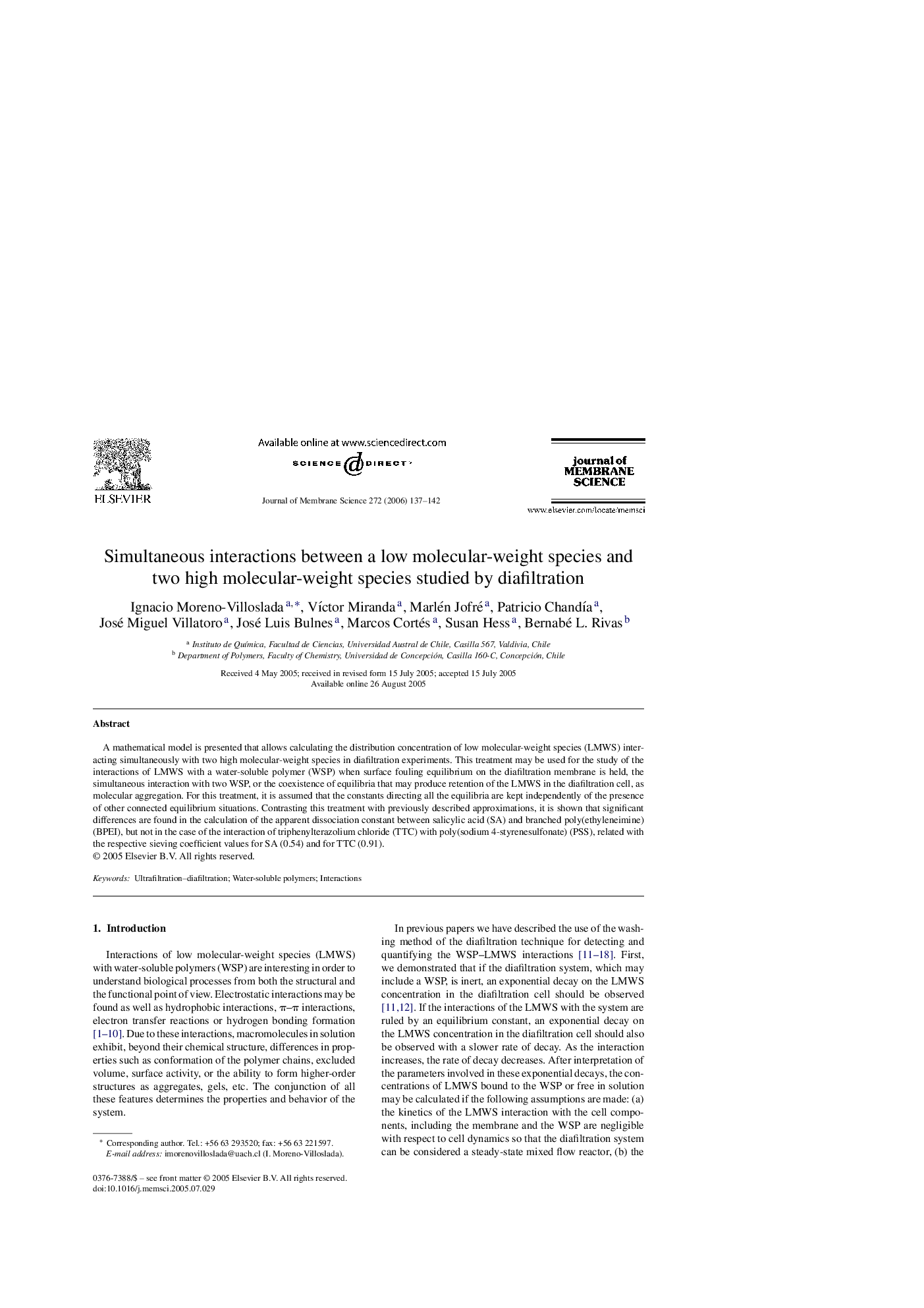 Simultaneous interactions between a low molecular-weight species and two high molecular-weight species studied by diafiltration