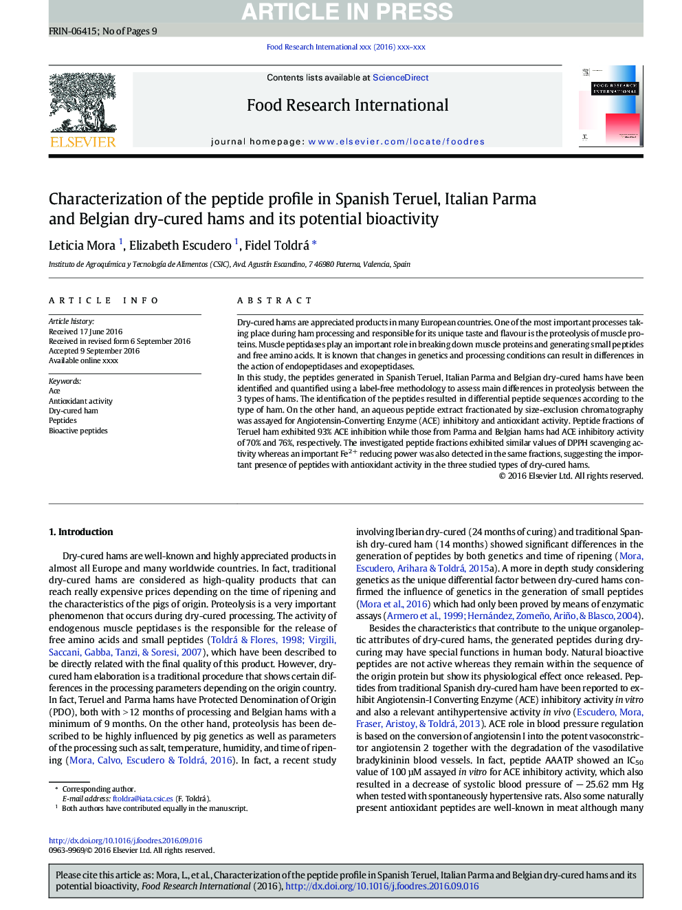 Characterization of the peptide profile in Spanish Teruel, Italian Parma and Belgian dry-cured hams and its potential bioactivity