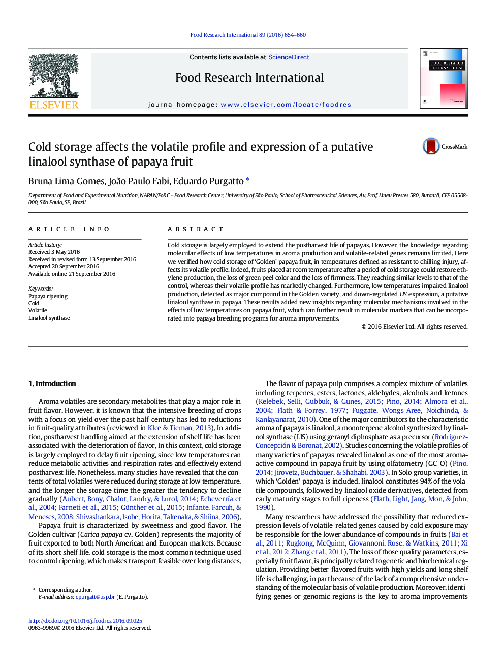 Cold storage affects the volatile profile and expression of a putative linalool synthase of papaya fruit