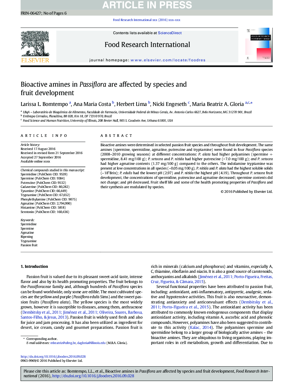 Bioactive amines in Passiflora are affected by species and fruit development