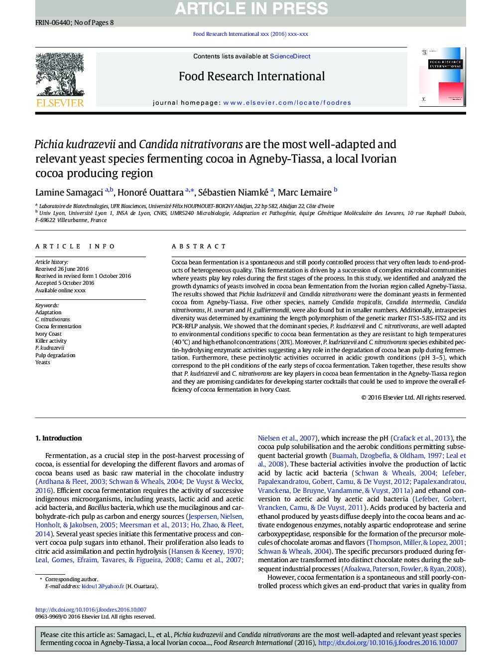 Pichia kudrazevii and Candida nitrativorans are the most well-adapted and relevant yeast species fermenting cocoa in Agneby-Tiassa, a local Ivorian cocoa producing region