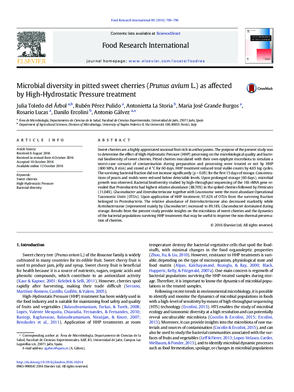 Microbial diversity in pitted sweet cherries (Prunus avium L.) as affected by High-Hydrostatic Pressure treatment