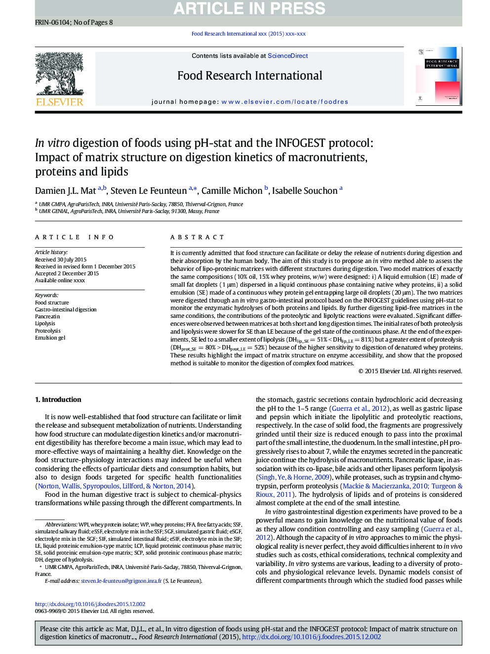 In vitro digestion of foods using pH-stat and the INFOGEST protocol: Impact of matrix structure on digestion kinetics of macronutrients, proteins and lipids