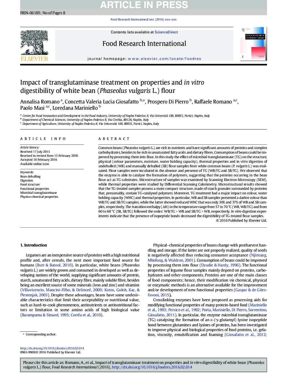 Impact of transglutaminase treatment on properties and in vitro digestibility of white bean (Phaseolus vulgaris L.) flour