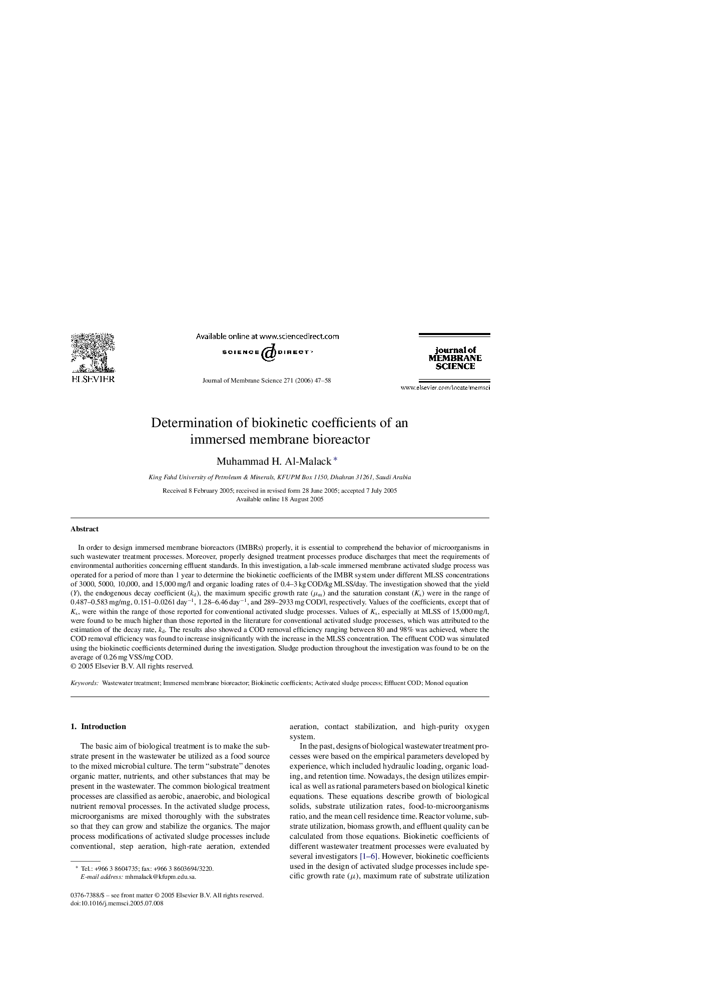 Determination of biokinetic coefficients of an immersed membrane bioreactor