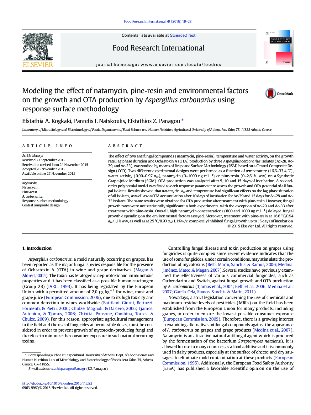 Modeling the effect of natamycin, pine-resin and environmental factors on the growth and OTA production by Aspergillus carbonarius using response surface methodology