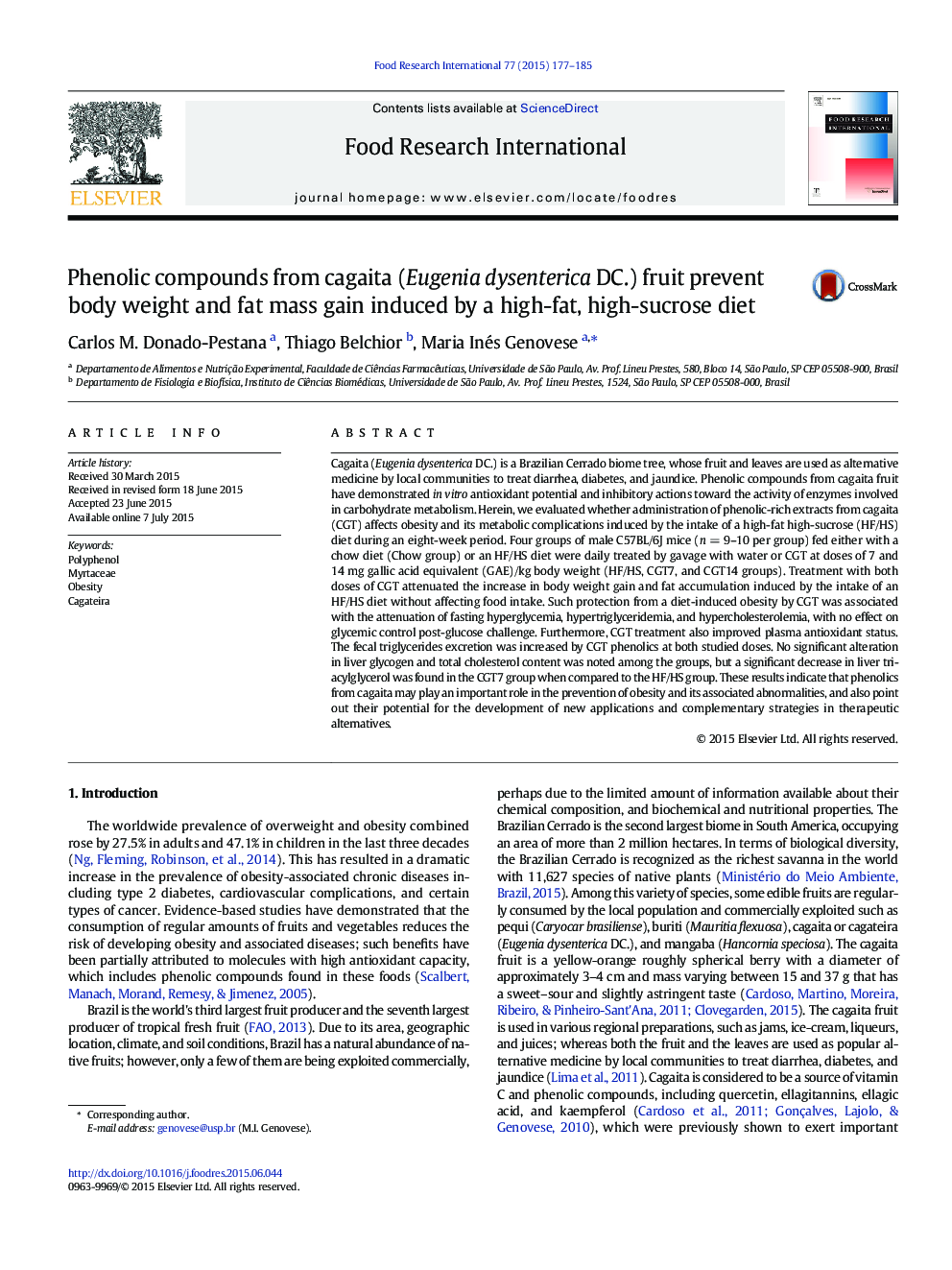 Phenolic compounds from cagaita (Eugenia dysenterica DC.) fruit prevent body weight and fat mass gain induced by a high-fat, high-sucrose diet