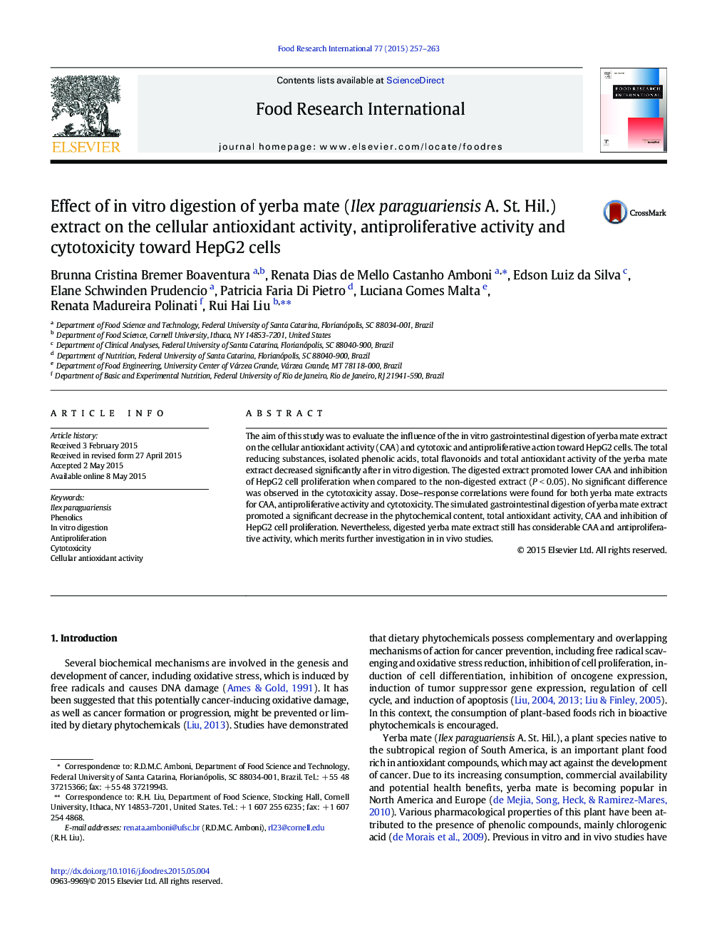 Effect of in vitro digestion of yerba mate (Ilex paraguariensis A. St. Hil.) extract on the cellular antioxidant activity, antiproliferative activity and cytotoxicity toward HepG2 cells