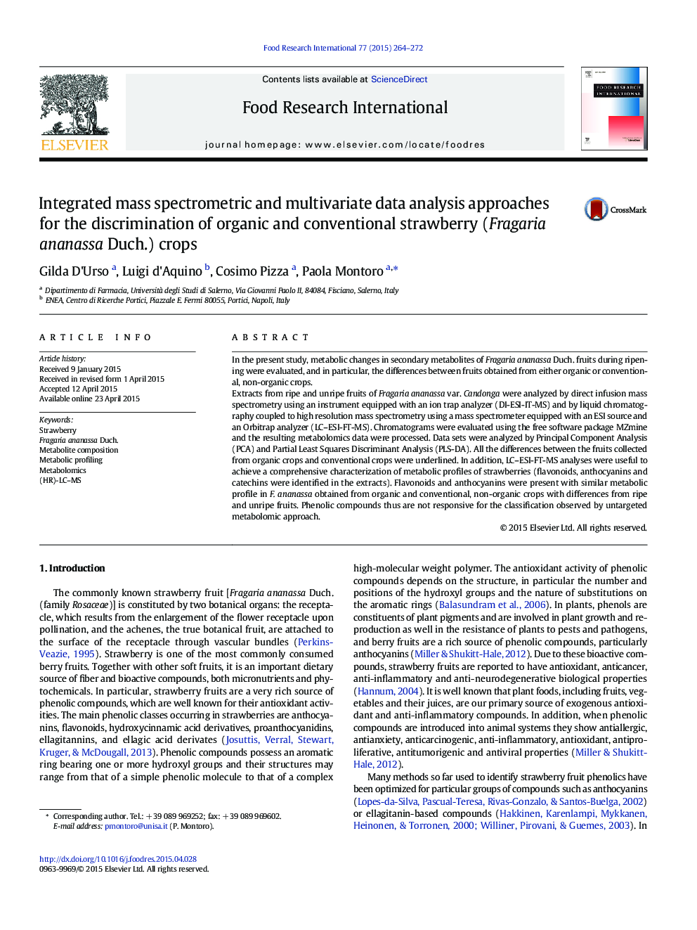 Integrated mass spectrometric and multivariate data analysis approaches for the discrimination of organic and conventional strawberry (Fragaria ananassa Duch.) crops