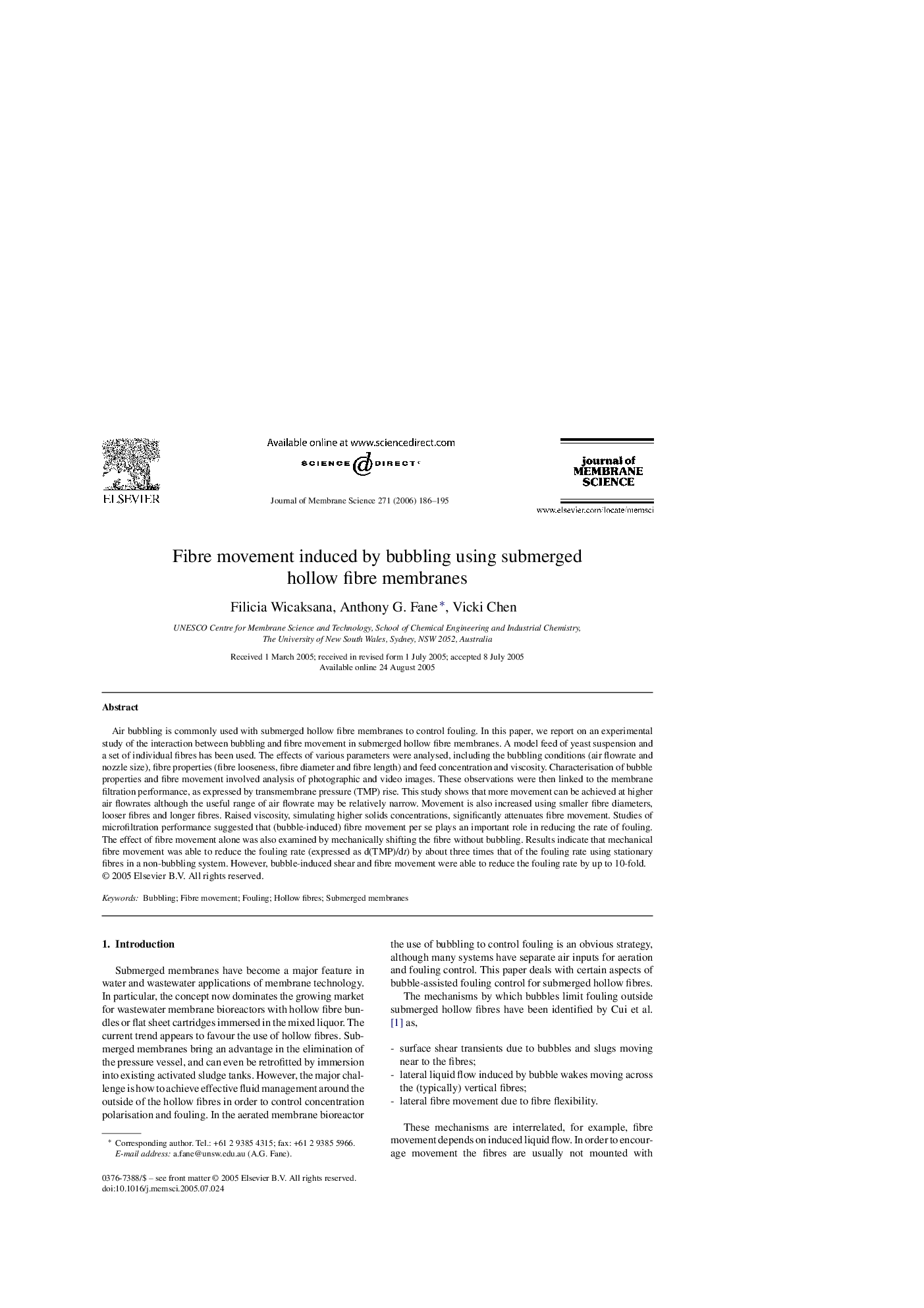 Fibre movement induced by bubbling using submerged hollow fibre membranes