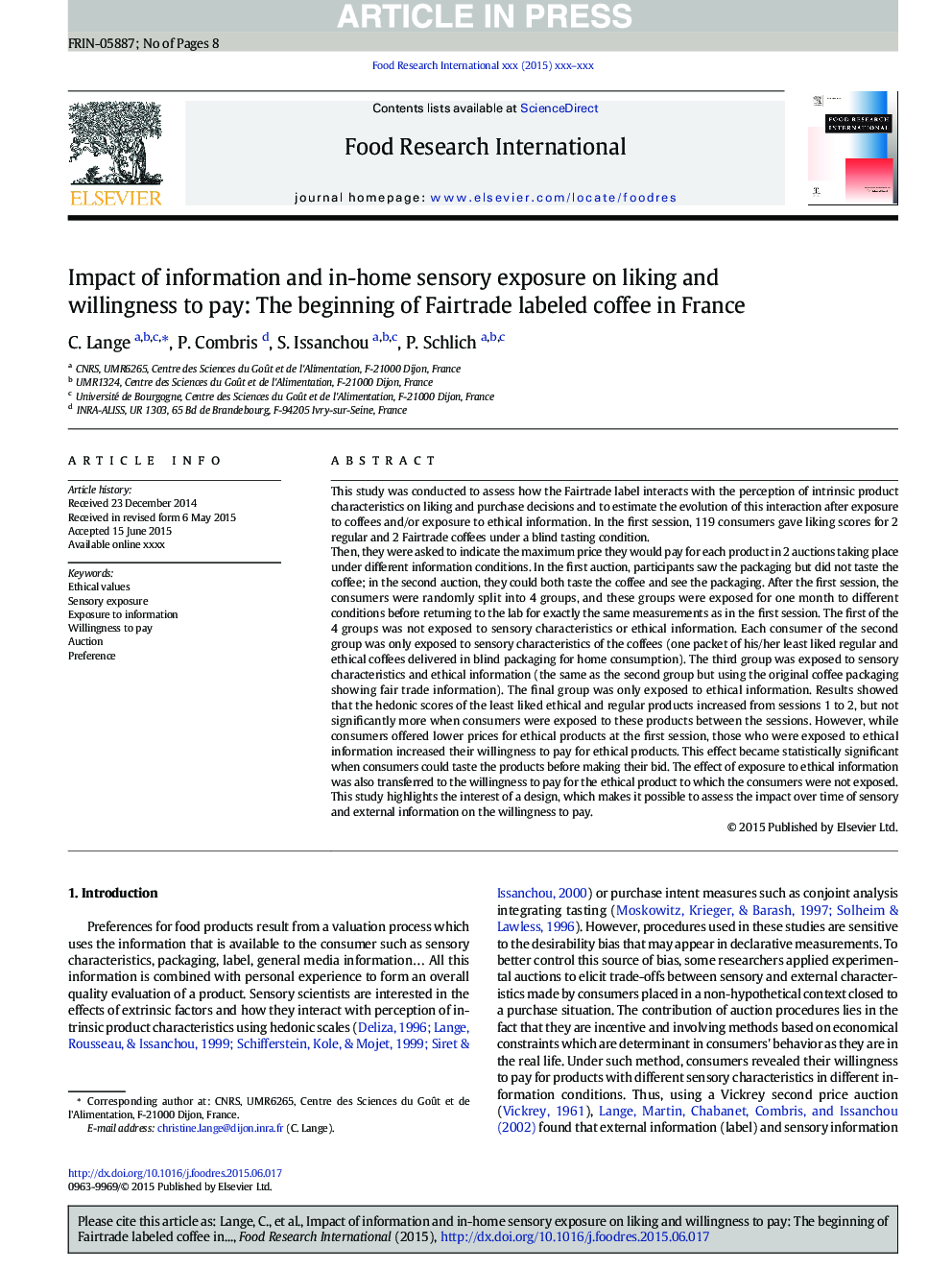 Impact of information and in-home sensory exposure on liking and willingness to pay: The beginning of Fairtrade labeled coffee in France