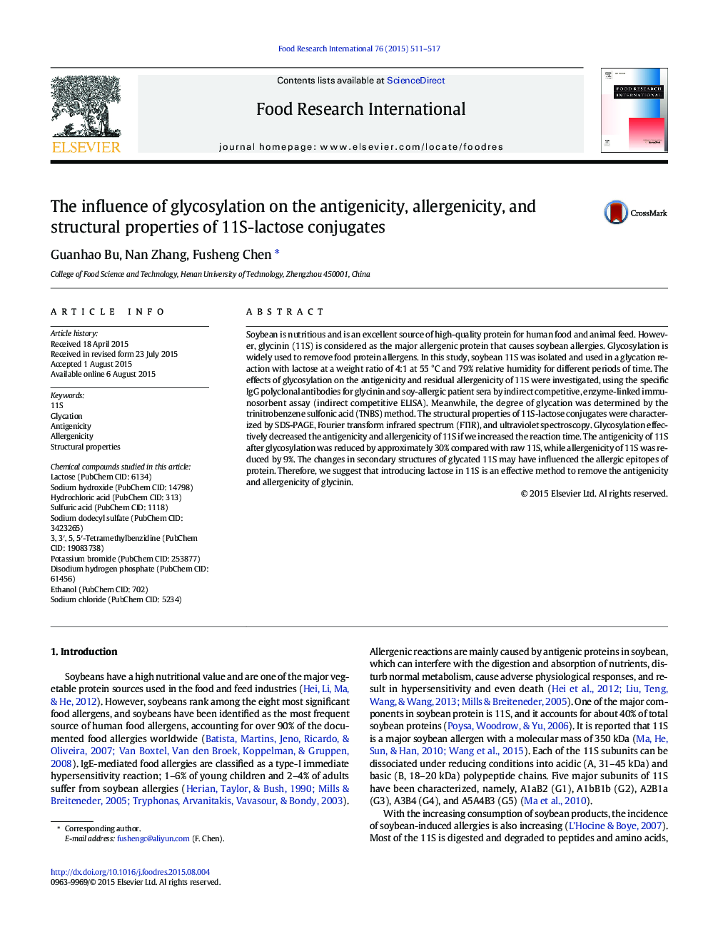 The influence of glycosylation on the antigenicity, allergenicity, and structural properties of 11S-lactose conjugates