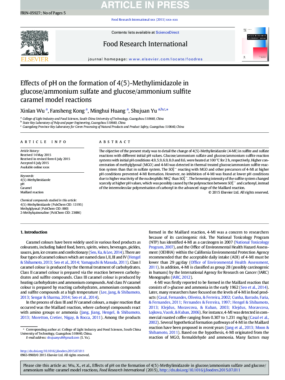 Effects of pH on the formation of 4(5)-Methylimidazole in glucose/ammonium sulfate and glucose/ammonium sulfite caramel model reactions