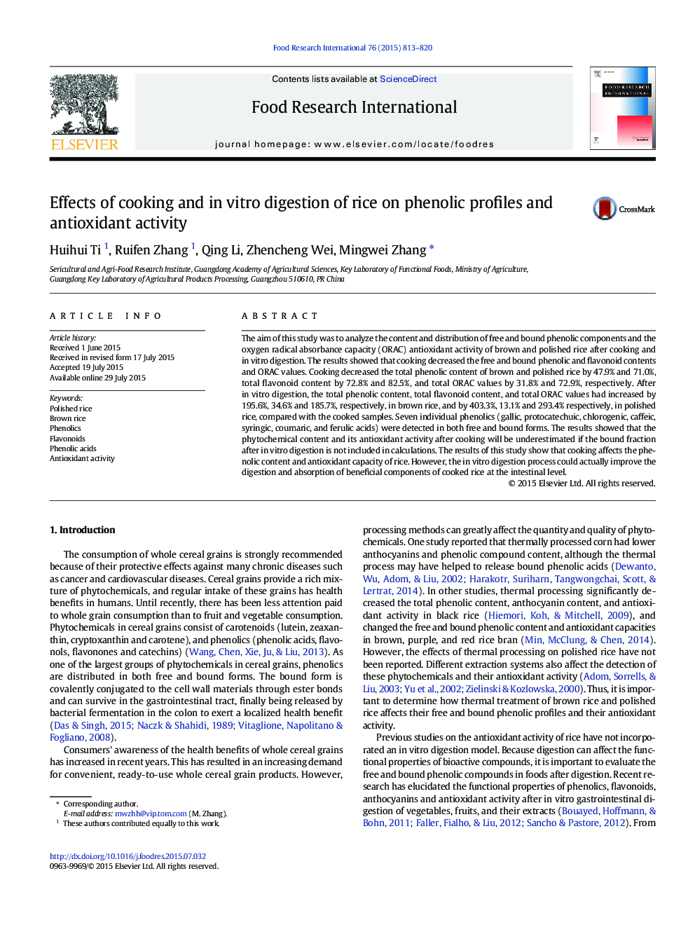 Effects of cooking and in vitro digestion of rice on phenolic profiles and antioxidant activity