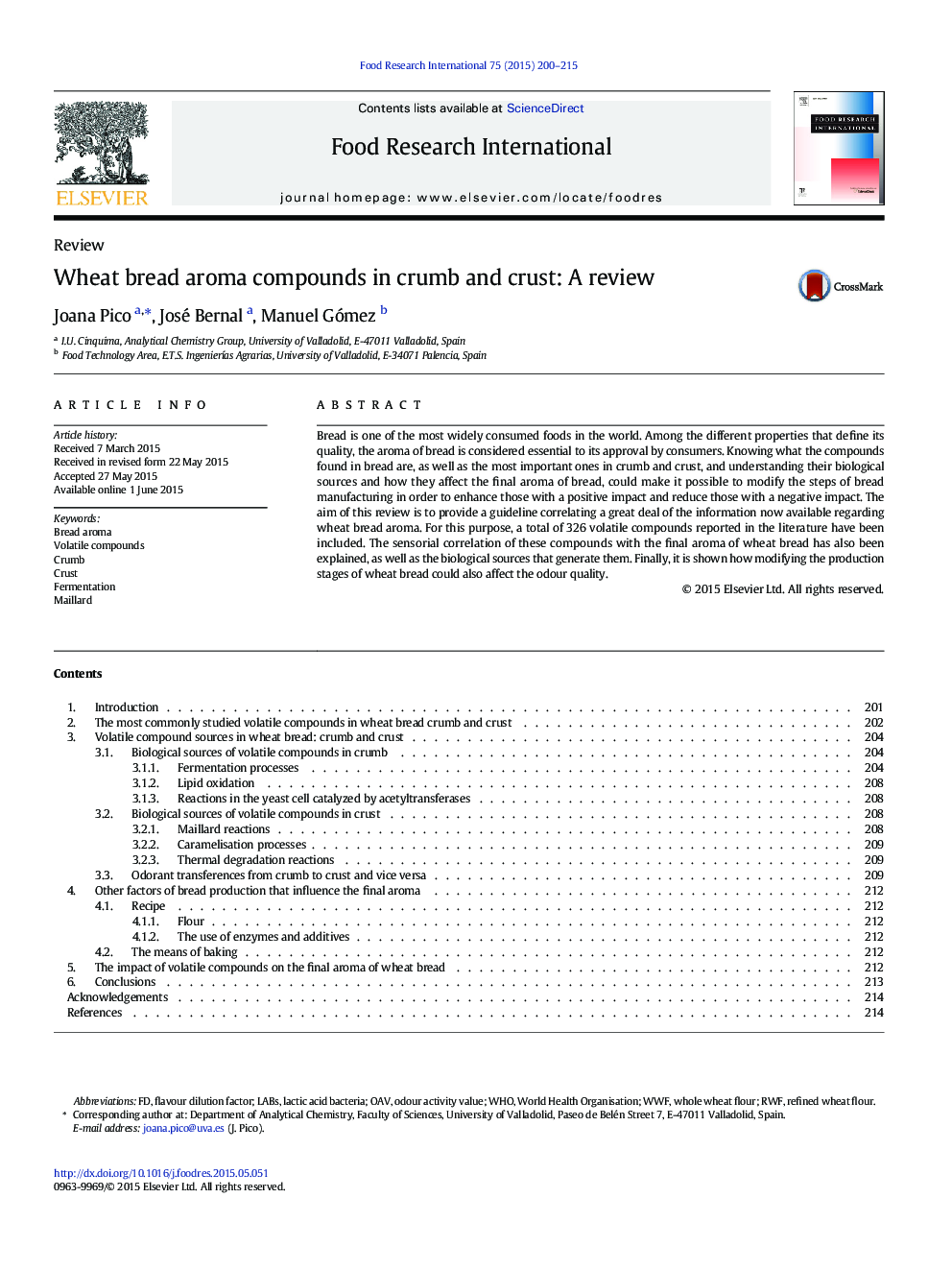 ReviewWheat bread aroma compounds in crumb and crust: A review