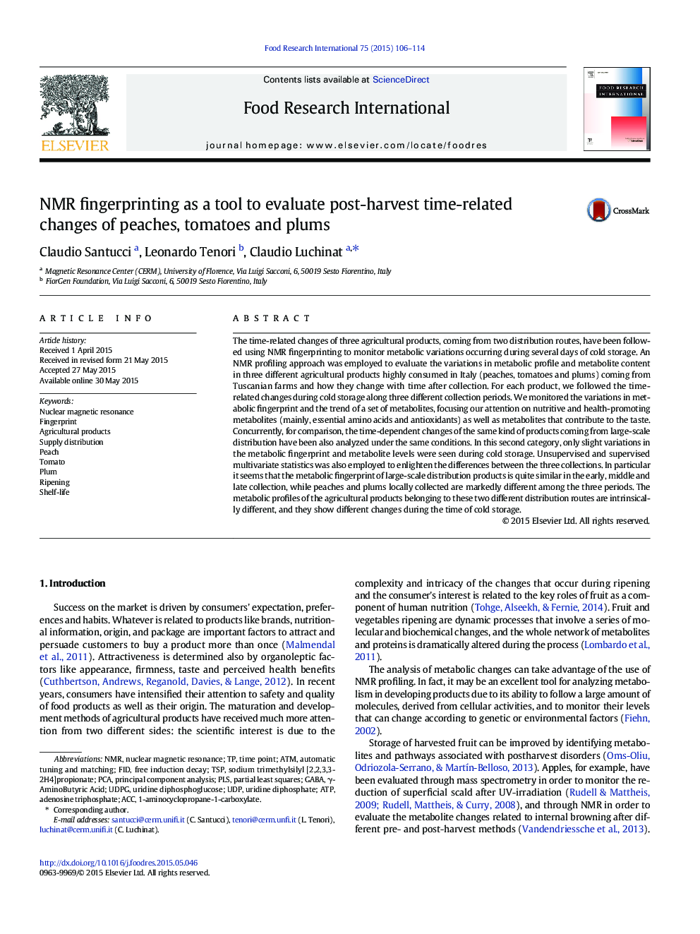 NMR fingerprinting as a tool to evaluate post-harvest time-related changes of peaches, tomatoes and plums