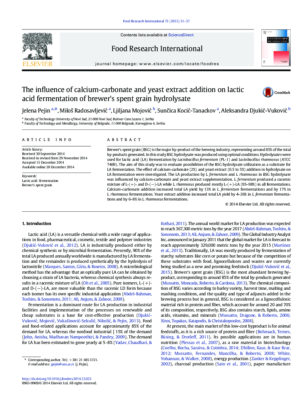 The influence of calcium-carbonate and yeast extract addition on lactic acid fermentation of brewer's spent grain hydrolysate