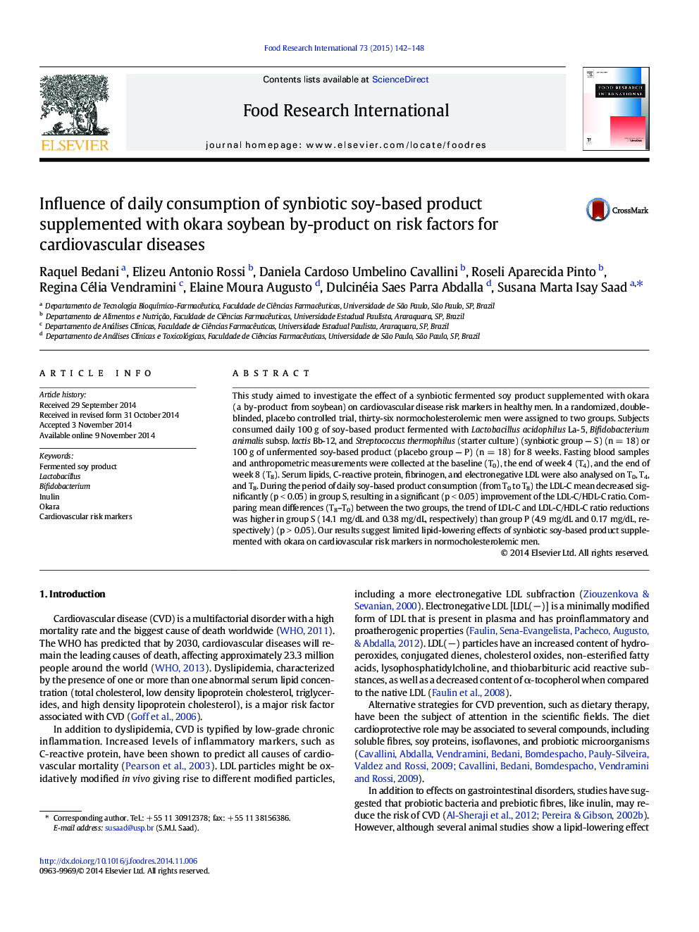 Influence of daily consumption of synbiotic soy-based product supplemented with okara soybean by-product on risk factors for cardiovascular diseases